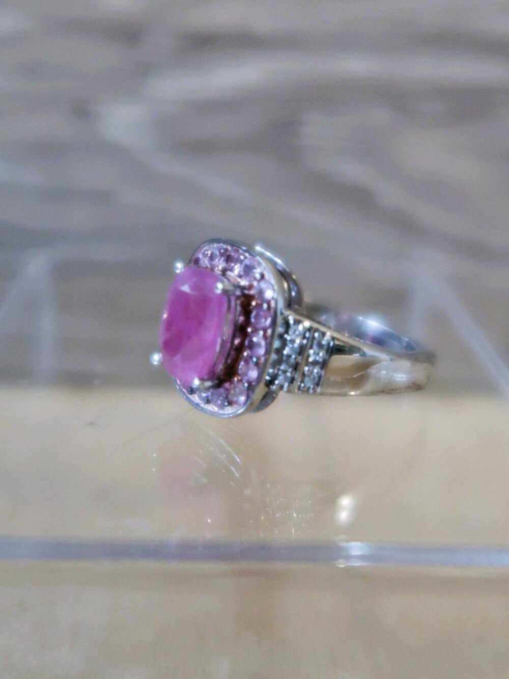 SAM 925 Formal Cushion Square Halo Ring Silver Pink Rose Accents Stones Size 5